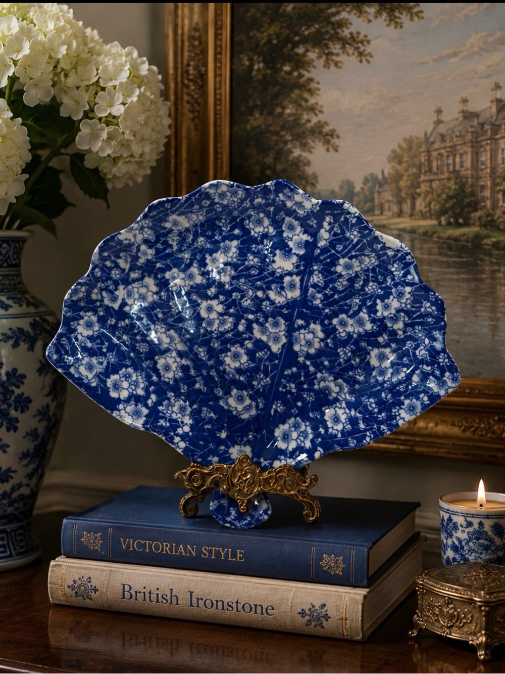 VICTORIA  Ware Ironstone Ribbed Fan Plate Ruffled Edge Blue White Floral